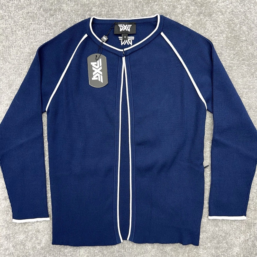 PXG Piped Cardigan Golf Sweater Women's XS Ribbed Knit Made In Italy Blue NWT
